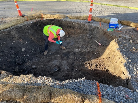 Personnel overseeing the operations of this project is collecting a soil sample to be tested for constituents of contamination and for the provision of analytical results on the amounts of specific chemicals identified